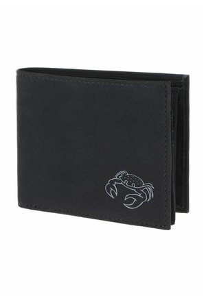 Portefeuille bifold noir avec bords cousus et petite illustration blanche de crabe dans le coin inférieur droit.