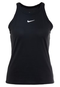 Top atletico nero senza maniche con scollatura rotonda e logo Nike bianco sul petto. Realizzato in materiale traspirante e che assorbe l'umidità.