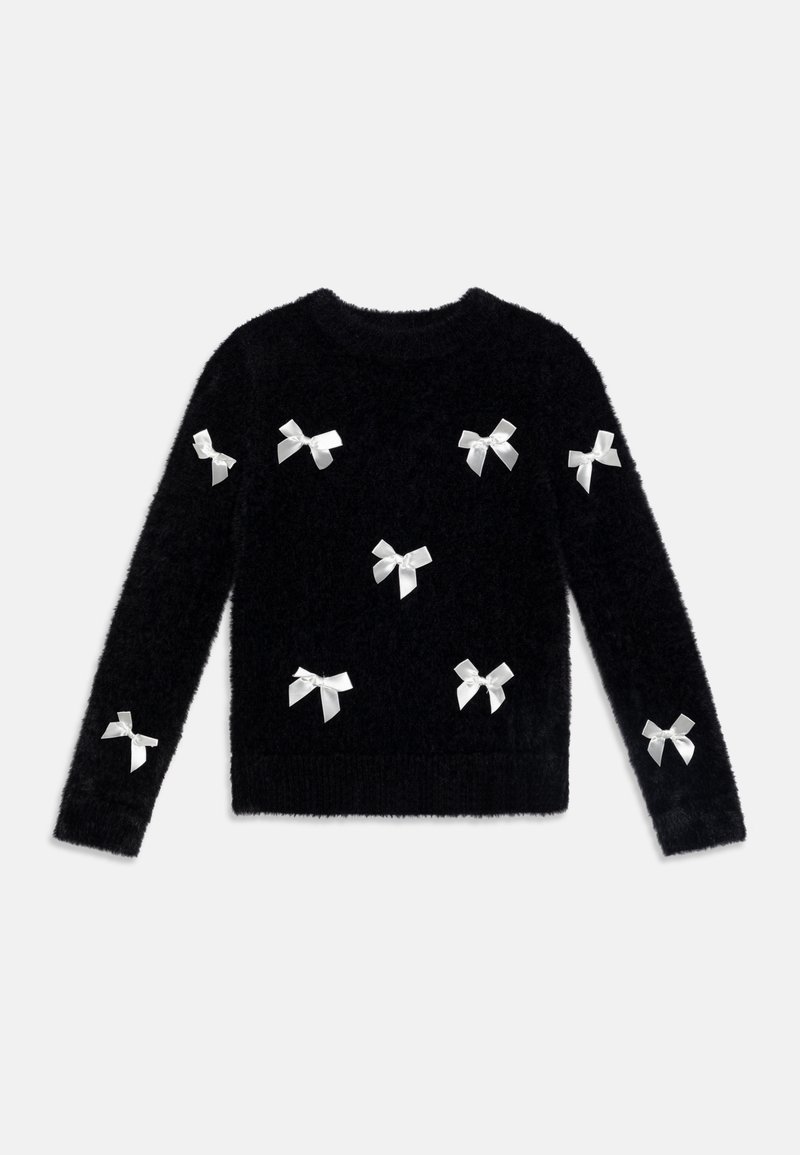 Pull noir en tissu duveteux orné de huit petits nœuds en satin blanc dispersés sur le devant et les manches.