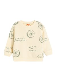 Sweatshirt color crema con illustrazioni di kiwi verdi e testo che dice: "Prendila con calma e spremila." Polsini e orlo a costine.