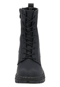 Black lace-up ankle boot featuring a smooth rubber upper, round toe, thick sole, and side zipper for easy access. Stitch detailing on the sole.