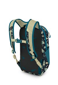 Mochila de color azul oscuro con un diseño temático del espacio, espalda de malla, tirantes en color azul verdoso y acentos beiges. Cuenta con tirantes ajustables y un bolsillo lateral.