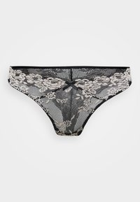 Black lace thong with floral pattern, featuring a checkered texture. Decorative bow detail at the front. Soft and lightweight material.