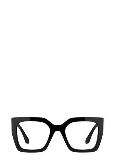 Montatura occhiali nera oversize con forma rettangolare. Realizzata in plastica lucida, presenta aste spesse e un design minimalista.