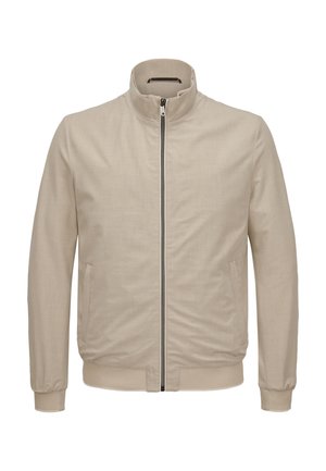Beige leichte Jacke mit Stehkragen, Frontreißverschluss, Seitentaschen sowie gerippten Bündchen und Saum.