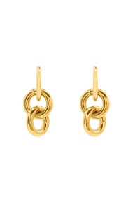Boucles d'oreilles en métal doré présentant deux anneaux entrelacés, avec une finition polie et un système de fixation en forme de boucle pour un port sécurisé.