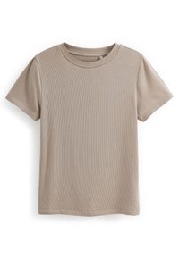 Kortærmet, beige t-shirt lavet af ribbet stof, med rund halsudskæring og lige afslutning. Enkel design uden yderligere mønstre.
