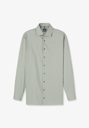 Hellgrünes Hemd mit langen Ärmeln, spitzem Kragen, strukturierter Stoff und sechs passenden Knöpfen vorn.