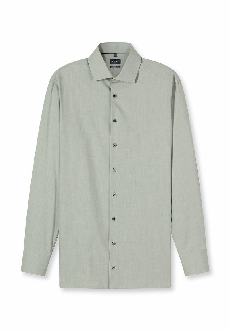 Hellgrünes Hemd mit langen Ärmeln, spitzem Kragen, strukturierter Stoff und sechs passenden Knöpfen vorn.