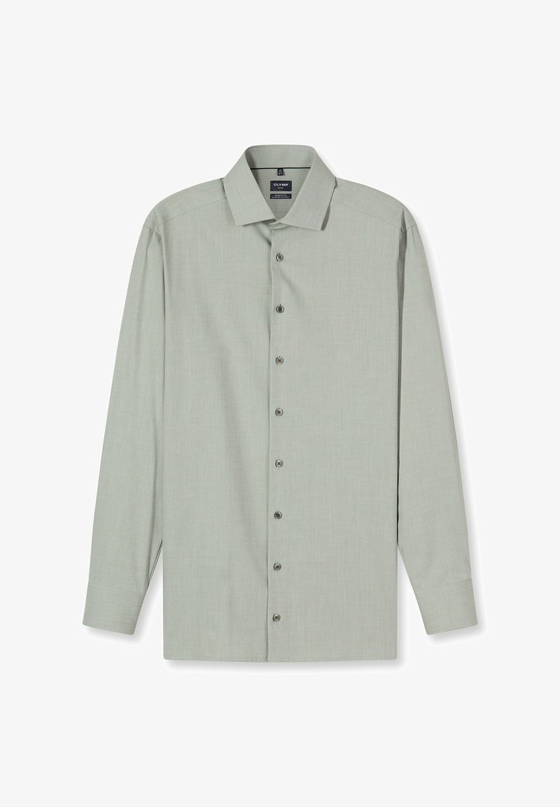 Hellgrünes Hemd mit langen Ärmeln, spitzem Kragen, strukturierter Stoff und sechs passenden Knöpfen vorn.