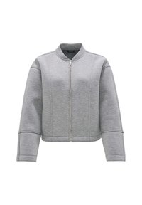 Giacca bomber grigia cropped in tessuto morbido, con zip frontale, collo rotondo e cuciture strutturate, con maniche leggermente oversize.