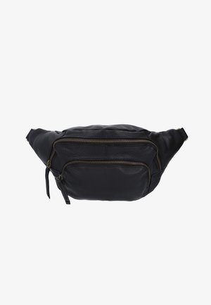 Črna usnjena torbica za pas z dvema sprednjima zadrgama, gladka tekstura, ukrivljena oblika in nastavljiv pas. Diskretni medeninasti detajli izboljšujejo oblikovanje.