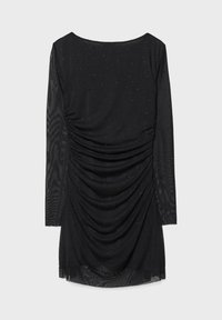 Schwarzes Kleid mit langen Ärmeln, gerafftem Design und verstreuten Pailletten. Durchsichtiges Material an den Ärmeln und unteren Säumen, mit einem tiefen Rückenausschnitt.