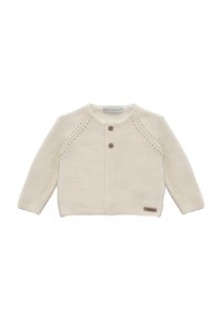 Cardigan de punto de color beige claro con mangas largas, cuello redondo, dos botones de madera y una pequeña etiqueta de marca en el lado inferior. Tejido texturizado.
