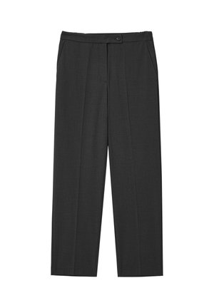 Kohlegraue, weit geschnittene Hose aus strukturiertem Stoff, mit vorderen Taschen, einem Knopfverschluss und vorderen Falten.