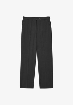 Pantalons à jambes larges gris charbon fabriqués en tissu texturé, avec des poches avant, une fermeture à un seul bouton et des plis à l'avant.