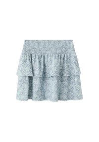 Fustă în nuanțe de albastru deschis, cu volane și talie elastică, având un model paisley într-o nuanță mai deschisă. Confecționată dintr-un material moale și texturat.