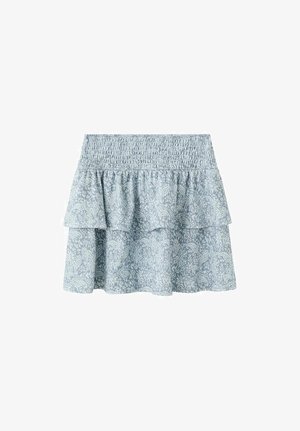 Fustă în nuanțe de albastru deschis, cu volane și talie elastică, având un model paisley într-o nuanță mai deschisă. Confecționată dintr-un material moale și texturat.