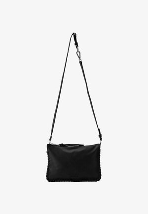 Borsa a spalla nera in pelle con bordo testurizzato, tracolla regolabile e chiusura con zip. Forma rettangolare semplice senza ulteriori rifiniture.