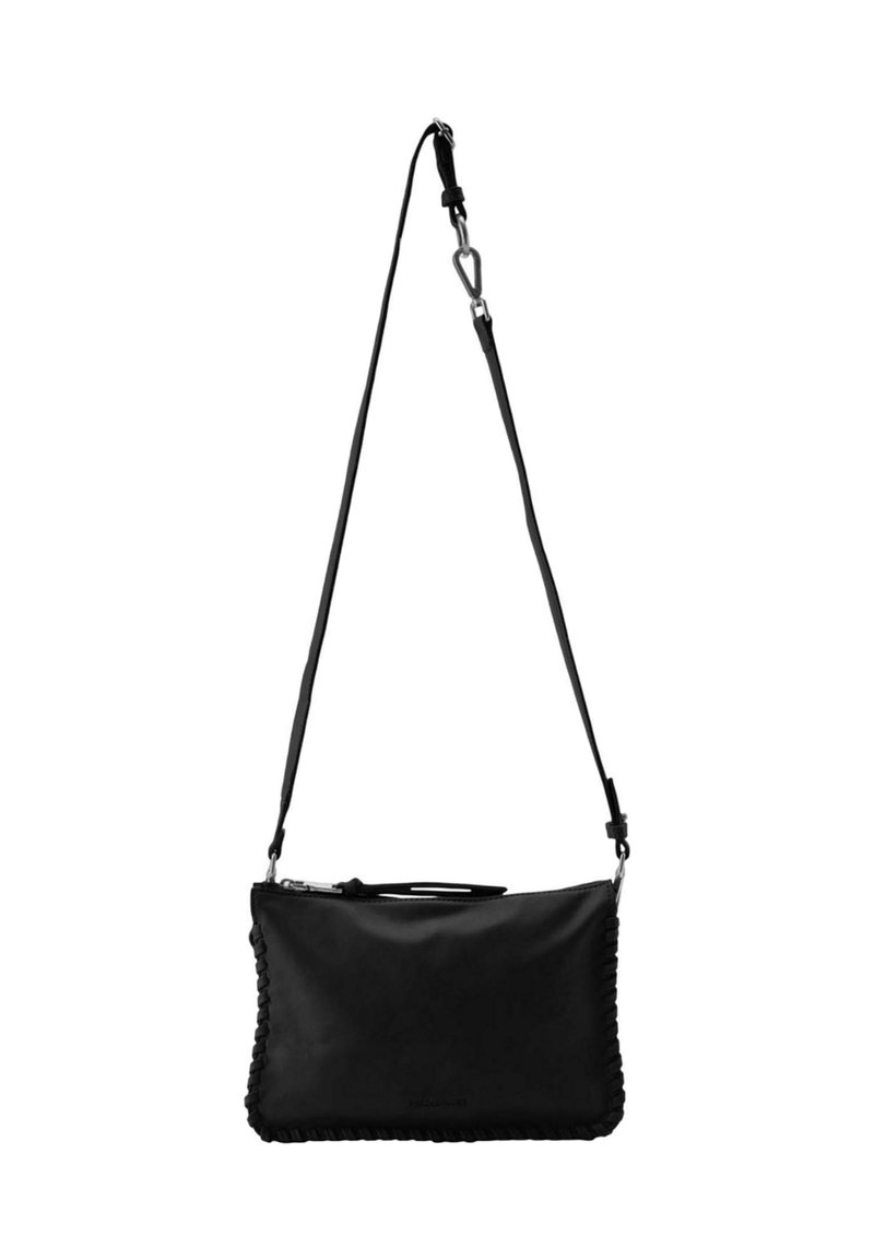 Borsa a spalla nera in pelle con bordo testurizzato, tracolla regolabile e chiusura con zip. Forma rettangolare semplice senza ulteriori rifiniture.