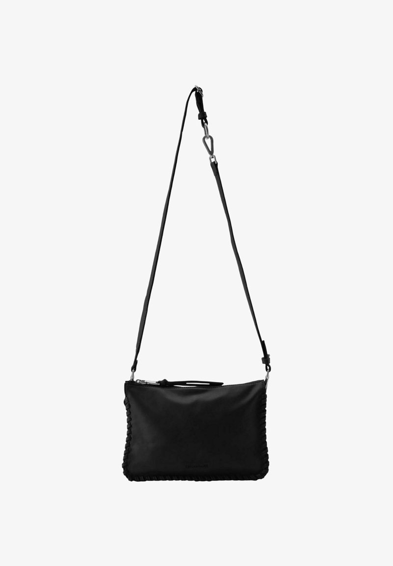 Borsa a spalla nera in pelle con bordo testurizzato, tracolla regolabile e chiusura con zip. Forma rettangolare semplice senza ulteriori rifiniture.