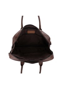 Brown leather bag with a zip closure, featuring a spacious interior, two handles, and a smooth, matte texture. No visible pockets or hardware.