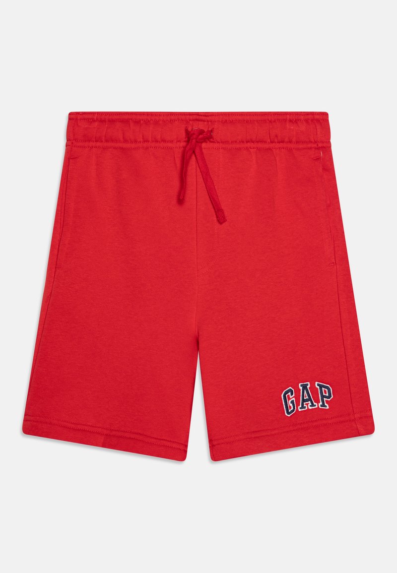 Røde bomullsshorts med elastisk midje og justerbar snor; har brodert "GAP"-logo i marineblått på nedre venstre ben.
