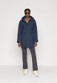 Chaqueta de plumas azul marino con capucha, cierre de cremallera y bolsillos laterales. Llevada sobre una camiseta verde y combinada con pantalones oscuros y calzado claro.