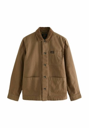 Braune Baumwolljacke mit durchgehender Knopfleiste, Kragen und zwei Fronttaschen. Verfügt über eine Tasche auf der linken Brust und metallene Knöpfe.