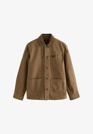 Brown cotton jacket with a button-up front, collar, and two front pockets. Features a pocket on the left chest and metallic buttons.