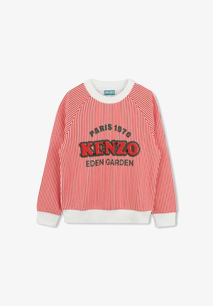 Felpa a righe rosse e bianche con una texture a costine, caratterizzata da una grafica verde con la scritta "KENZO" e "PARIS 1970 EDEN GARDEN."