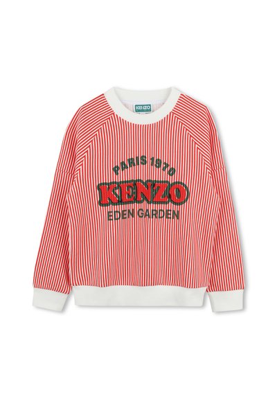 Felpa a righe rosse e bianche con una texture a costine, caratterizzata da una grafica verde con la scritta "KENZO" e "PARIS 1970 EDEN GARDEN."