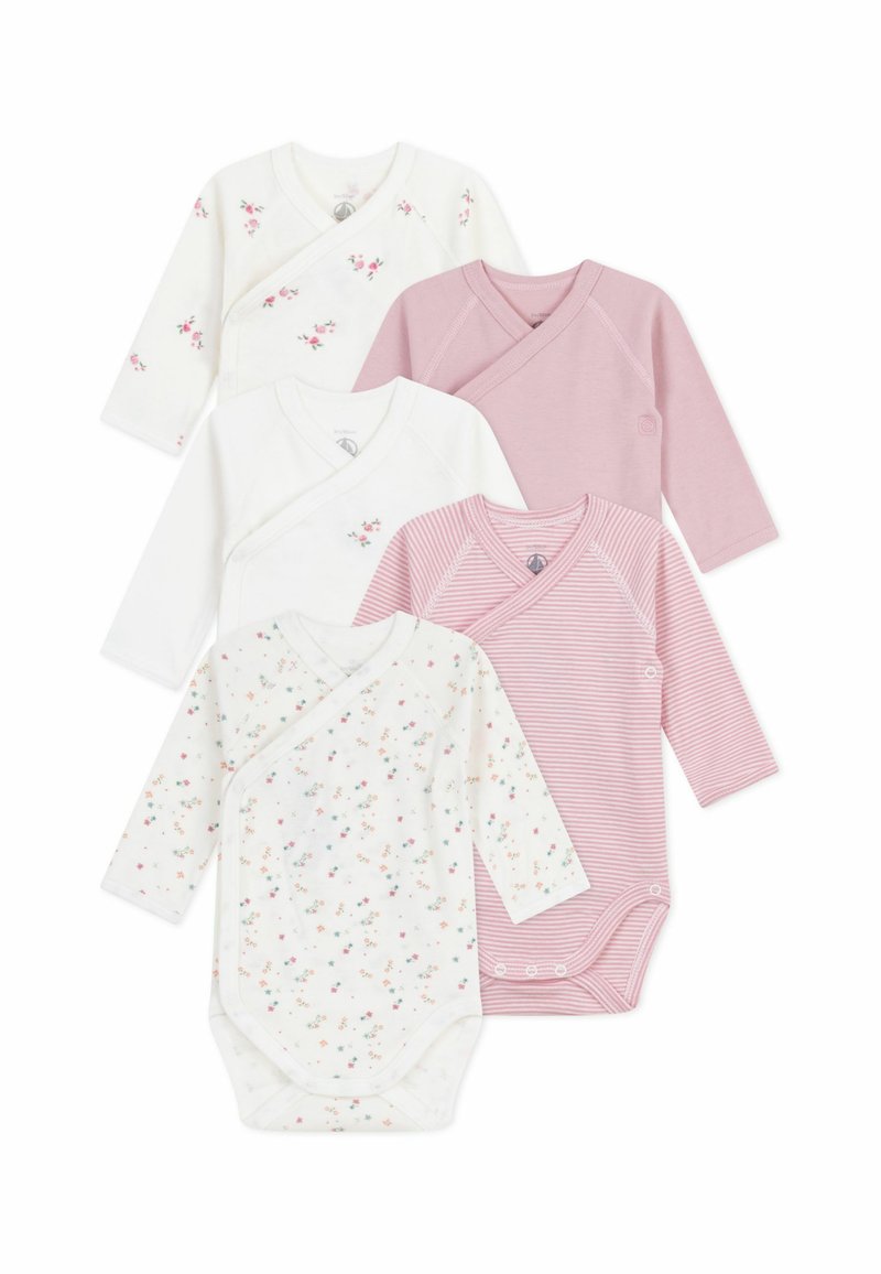 Set aus fünf Langarm-Baby-Bodysuits in Weiß, Rosa und mit floralem Druck. Mit Wickelstil und Druckknopfverschlüssen. Aus Baumwollmaterial.