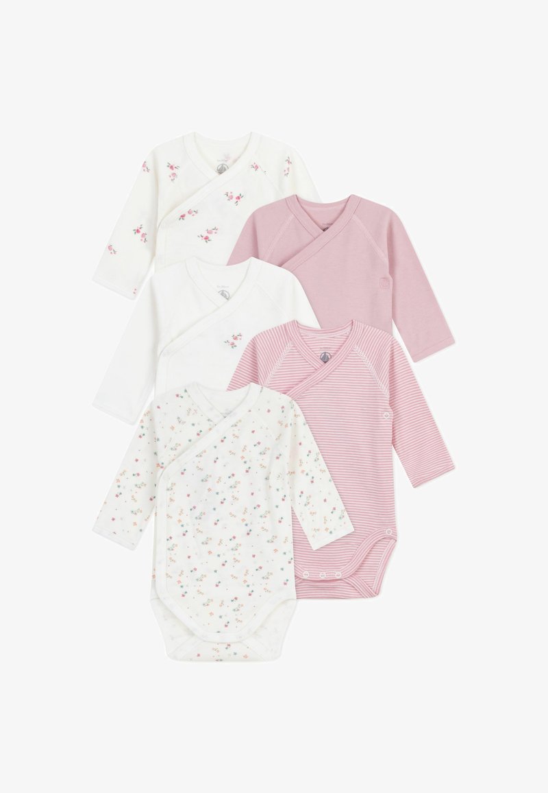 Penkių ilgomis rankovėmis kūdikių bodžių rinkinys, baltos, rožinės ir printo gėlių dizaino. Su įvyniojimo stiliumi ir spaudėmis. Pagaminta iš medvilnės.