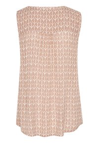Blouse sans manches dans une teinte légère et terreuse avec un motif de feuilles. Tissu doux, coupe ample, encolure arrondie et plis subtils au dos.