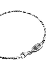 Silver twisted bracelet featuring a decorative clasp with engraved palm tree design. Sleek and lightweight, suitable for everyday wear.