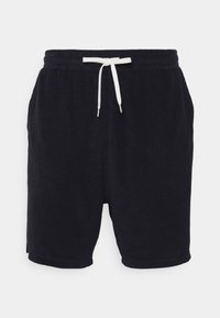 Shorts en éponge noire avec une ceinture élastique, dotés d'un cordon de serrage blanc et de poches latérales. Texture lisse, coupe longueur genou.