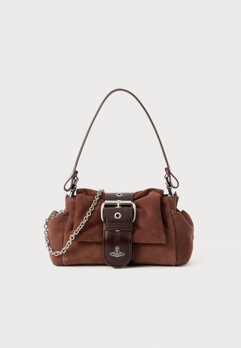 Brown suede handbag with a gathered design, a glossy brown belt buckle accent, and a silver chain strap. Features a structured yet soft shape.