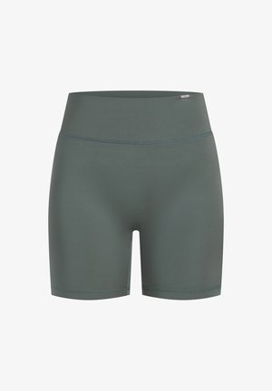 Ciemnozielone spodenki sportowe wykonane z elastycznego materiału. Posiadają wysoką talię i bezszwową konstrukcję dla wygody i swobody ruchów.