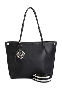 Svart tygväska tillverkad av texturerat läder med två långa handtag, prydd med en guldkärl med texten "Café Noir" och ett randigt avtagbart band.