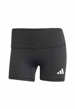 Pantaloni sportivi neri realizzati in materiale liscio ed elasticizzato. Presentano una cintura ampia e un logo bianco sul lato sinistro in basso.