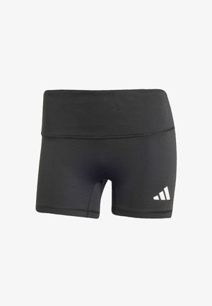 Pantalones cortos deportivos negros hechos de un material suave y elástico. Cuentan con una cinturilla ancha y un logo blanco en la parte inferior izquierda.