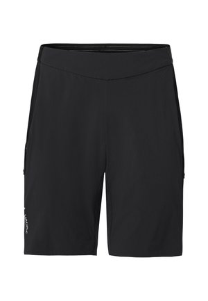 Sorte shorts med en glat tekstur, elastisk talje og sidelommer; har et diskret logo på venstre ben. Let og funktionel design.
