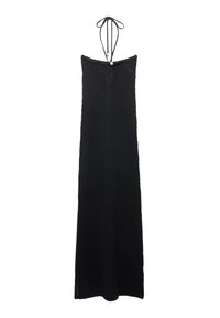 Robe noire en tricot avec un design à encolure halter, présentant un motif texturé et une silhouette droite. Comprend des liens au niveau de l'encolure.
