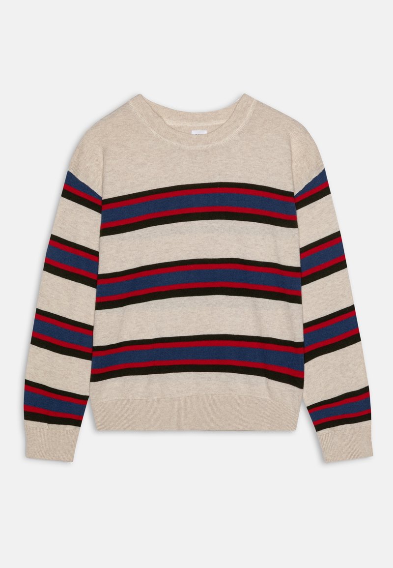 Pull beige col rond avec des rayures horizontales bleu, rouge et noir sur la poitrine et les manches.