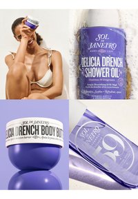 Frau im weißen Bikini hält ein Glas Sol de Janeiro Delicia Drench Body Butter, mit Nahaufnahmen von Duschöl, Körperbutter und Duftspray-Flaschen.
