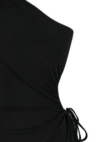 Zwarte one-shoulder kledingstuk, met een geraffineerd ontwerp en plooien aan de zijkant, met een strikdetail voor een verstelbare pasvorm. Zachte textuur, slanke silhoutte.