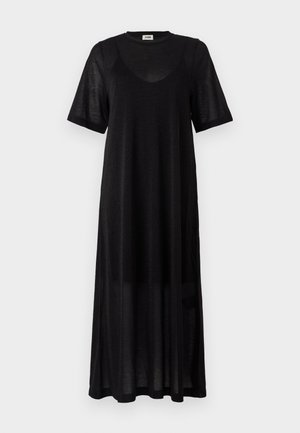 Zwarte jurk tot de knie, gemaakt van lichtgewicht, doorschijnend materiaal. Heeft een ronde hals, korte mouwen en een losse, ontspannen pasvorm.