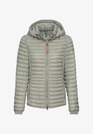 Light gray padded jacket with a hood, featuring a zip closure and contrasting tan leather accents at the zipper and pockets.