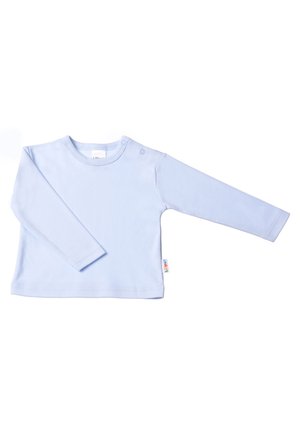 Light blue long-sleeve shirt made of soft cotton. Features a round neck with two snap buttons on the shoulder and a hemmed bottom.